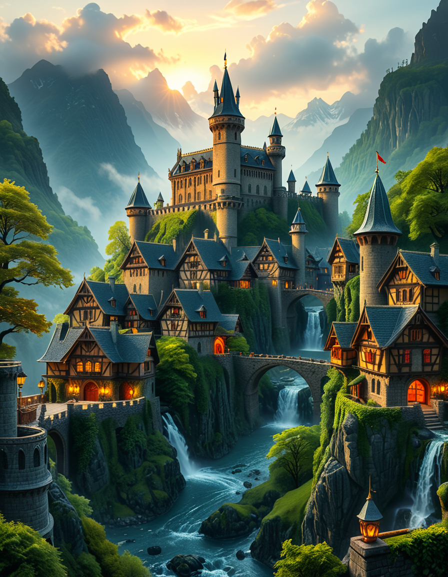 A breathtaking medieval fantasy city nestled in a lush valley, surrounded by towering mountains and dense forests. A grand castle with multiple towers and turrets stands atop a hill, overlooking the town below. The city consists of charming half-timbered houses with glowing windows, perched on rocky cliffs and connected by stone bridges over cascading waterfalls. The river flows through the village, reflecting the warm golden lights of lanterns and torches. Ivy and moss grow over the stone walls, adding to the enchanted, ancient atmosphere. The background features misty mountains with additional fortresses and watchtowers, partially hidden by low-hanging clouds. The sky is illuminated by a soft, warm sunset, casting a golden glow on the scenery, creating a perfect blend of realism and fantasy. Highly detailed, cinematic, and immersive, with a magical, fairy-tale ambiance.
<lora:SDXLFaeTastic2400:0.4> <lora:extremely_detailed:0.4> extremely detailed, <lora:medieval_f4nt4sy_c1ty:1>,medieval f4nt4sy c1ty, Masterpiece,best quality,hi res,8k,hi res,8k,award winning,(sharp focus, intricate, highly detailed),