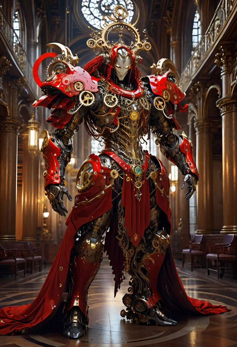 In a grand and ornate hall brimming with complex machinery and luminescent cogs, a humanoid figure of clockwork construction stands tall. This being is draped in flowing garments of bright red and clad in ornate golden armor, demonstrating a formidable yet elegant countenance. Its mechanical eyes radiate an inner glow, illuminating . The surrounding environment provides glimpses into the complex machinery of Mechanus