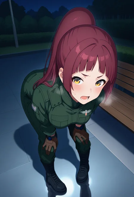 masterpiece, best quality, amazing quality, 1girl, solo, akiraww, yellow eyes, red hair, long hair, ponytail, blunt bangs, medium breasts, military uniform, green jumpsuit, wristwatch, brown gloves, black boots, <lora:Mishima_Akira_Bravern_ill:0.9>, from above, full body, standing, bent over, hands on own knees, pigeon-toed, sweat, sweatdrop, blush, open mouth, heavy breathing, steaming body, outdoors, park, night, reflective floor, park bench, skindentation, detailed clothing folds, depth of field, sharp, high contrast, dynamic light