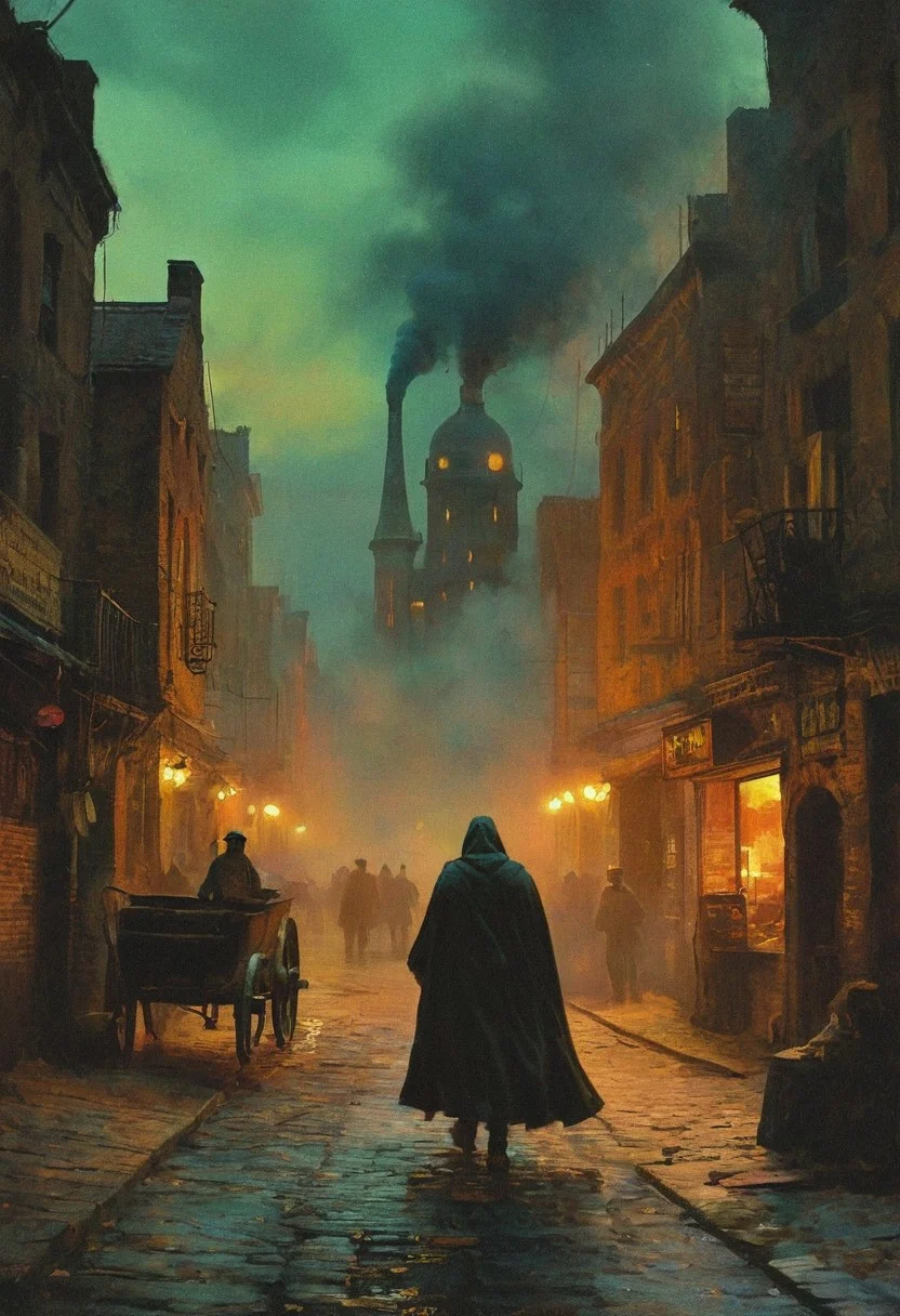 In the heart of Tarant, the industrial city is alive with the sounds of progress. Steam-powered carriages rattle over cobblestone streets, while factory smokestacks belch thick, black smoke into the overcast sky. The air is filled with the clatter of machinery and the shouts of workers as they move between towering brick buildings. Amidst the chaos, a lone figure in a tattered cloak slips through the crowded marketplace, his eyes scanning for a target as the gas lamps flicker to life in the encroaching twilight,
realistic,
, the scene is captured in dimly lit dark fantasy but vibrant colors, with bold ink lines defining form against the watercolor wash of the aged paper