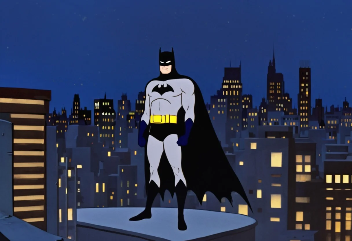 brooding yet heroic figure in a classic blue and gray costume with a bold yellow utility belt, standing atop a Gotham City rooftop under a moonlit sky. His tall, pointed cowl and flowing blue cape billow dramatically in the night breeze, casting a striking silhouette. His strong jawline and determined gaze reflect the bold, clean-line animation of 1970s superhero cartoons. The background features a stylized Gotham skyline with Art Deco-inspired buildings, dimly lit streets, and the iconic Bat-Signal glowing against the cloudy night sky. The scene is framed with vibrant but slightly muted vintage colors, limited shading, and a grainy, nostalgic texture, reminiscent of classic Super Friends and Hanna-Barbera animation aesthetics. Batman’s pose is iconic—one knee bent, cape draping over his shoulders as he surveys the city, ready for action
