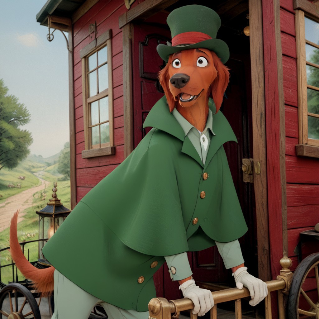 score_9, score_8_up, score_7_up, score_6_up, score_5_up, score_4_up, detailed fur, detailed face, carriage-house background, Photorealistic, realistic, masterpiece, furry male, front facing
BREAK
Shamus, dog, Irish Setter, anthropomorphic dog, cartoon dog, animal ears, long ears, floppy ears, red ears, orange fur, black eyes, brown nose, long snout, green cloak, green suit, white gloves, dark green top hat, open mouth, large eyes, Disney,
BREAK
<lora:add-detail-xl:1.5>