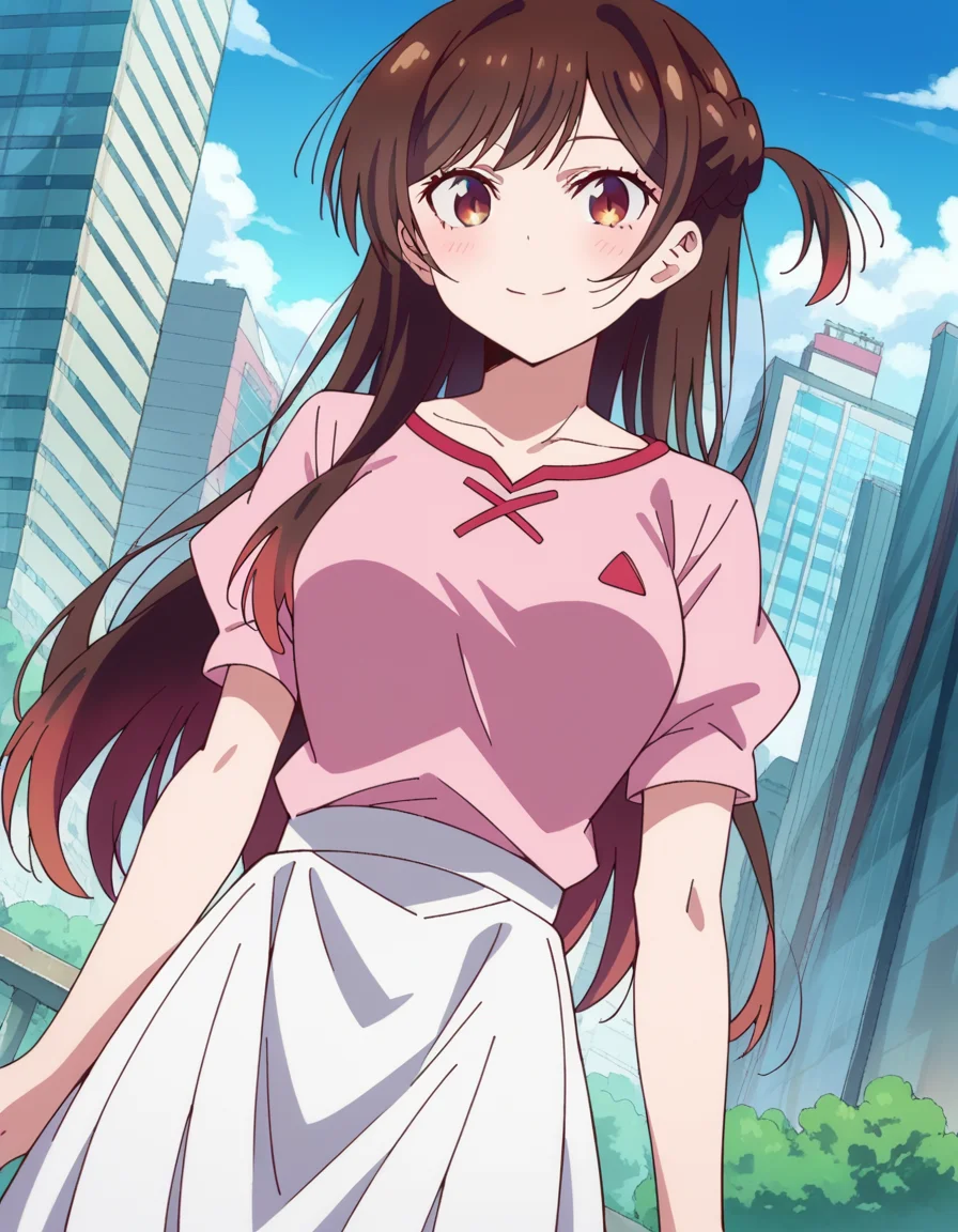 score_9, score_8_up, score_7_up, source_anime,
chizuruichinose, <lora:chizuru-ichinose-s1-ponyxl-lora-nochekaiser:1>,
chizuru ichinose, long hair, bangs, brown hair, brown eyes, one side up,
skirt, shirt, short sleeves, puffy sleeves, puffy short sleeves, white skirt, pink shirt,
outdoors, cityscape, smile,
looking at viewer, cowboy shot, solo, dutch angle,