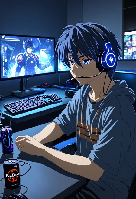 Anime Style, easynegative, detailed_eye_model, Highres, Masterpiece, High Quality, 4K, 8K, solo, 1boy, Tomoya Okazaki, Deep Blue Eyes, Grey Blue Hair, gaming room, dim lighting, organized items, concentration, focus, tv, keyboard, mouse, pc, bed, pillow, headset, gaming, gamer, energy drink, snack, rgb lighting, happy, spotlight from monitor, window, midnight