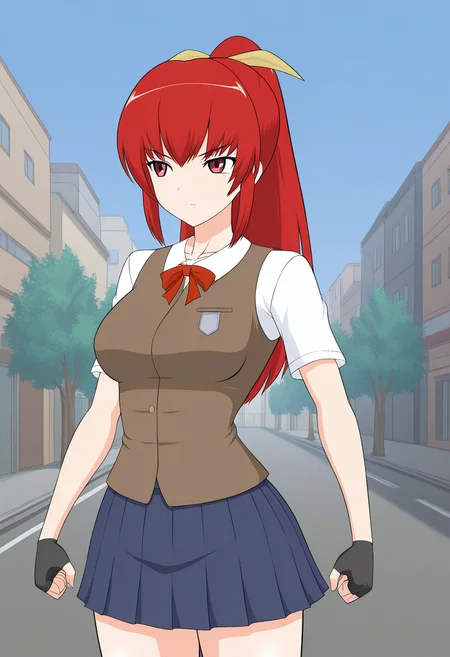 1girl, solo, satsukirindorival, red hair, ponytail, hair ribbon, red eyes, shirt, short sleeves, vest, breasts, skirt, fingerless gloves, school uniform, outdoors, city, street, cowboy shot, looking away, serious,