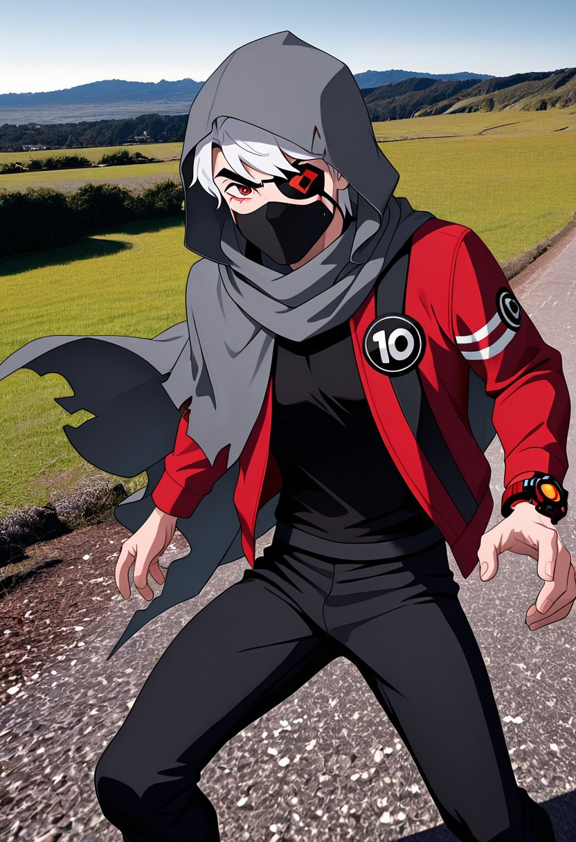 masterpiece, best quality, amazing quality, very aesthetic, absurdres, newest, detailed background,
solo, benuaf,  1boy, , open jacket, black shirt, long sleeves, thick eyebrows,  angry,, wide face, wide head, 
1boy, short hair,, white hair, red jacket, black pants, red eyes, red watch, 
bandanna over eye, bleeding from eye, eyepatch, ruined makeup, face scar, gray scarf, black facemask, grey cloak, travelers cloak, hood up, ripped cloak, cloak covering body,  red powers, 
 re4lity_sync_illu, foreshortening, scenery, photo background