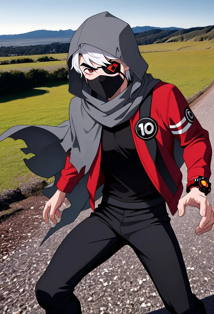 masterpiece, best quality, amazing quality, very aesthetic, absurdres, newest, detailed background,
solo, benuaf, 1boy, , open jacket, black shirt, long sleeves, thick eyebrows, angry,, wide face, wide head,
1boy, short hair,, white hair, red jacket, black pants, red eyes, red watch,
bandanna over eye, bleeding from eye, eyepatch, ruined makeup, face scar, gray scarf, black facemask, grey cloak, travelers cloak, hood up, ripped cloak, cloak covering body, red powers,
re4lity_sync_illu, foreshortening, scenery, photo background