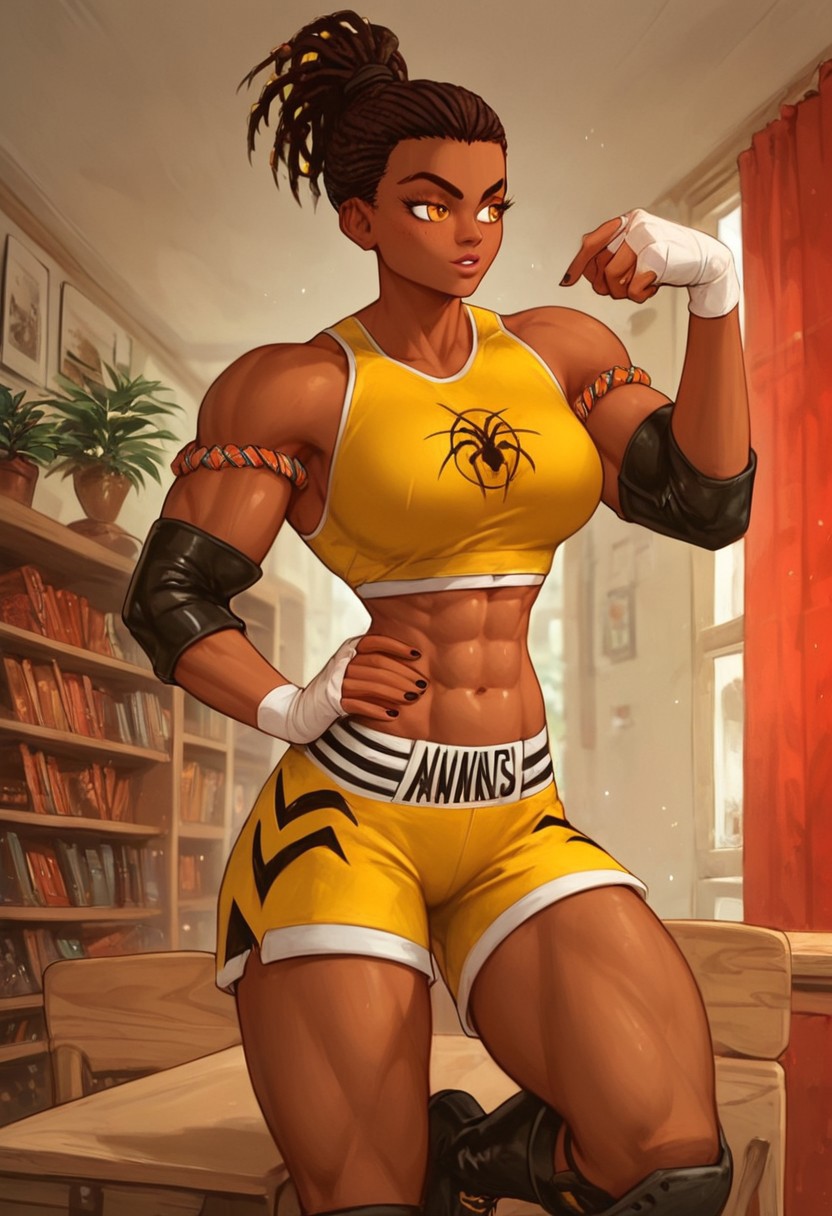 score_9, score_8_up, score_8, score_9_up, DonMC0m1cM4g1cXL, 1girl, Nora Césaire, dark-skinned, amber eye, dreadlocks, braids, ponytail, tank top, shorts, lagging, knee-length black boots, mma gears, hyper muscular, slim waist, wide hips, large breasts