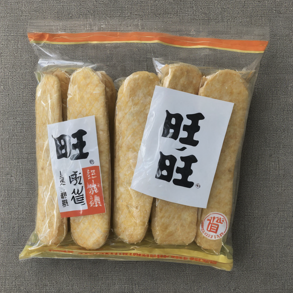 A scene showcasing a packet of Japanese senbei (rice crackers) placed neatly on a table. The packaging, possibly transparent or with a clear window, allows the viewer to see the crispy, golden-brown rice crackers inside. The table surface is clean and simple, emphasizing the appeal of the senbei. The scene should be as realistic as a high-resolution photograph, with even lighting that highlights the texture and inviting nature of the senbei,  <lora:senbei:0.7>