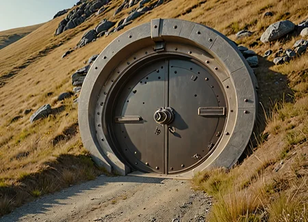 re-enforced round vault door on the side of a hill, at the end of a road high quality, 4k, extreme detail . kodak 400 f12 <lora:addMoreDetails:1> Ultra details++ , add more details, hyperrealistic