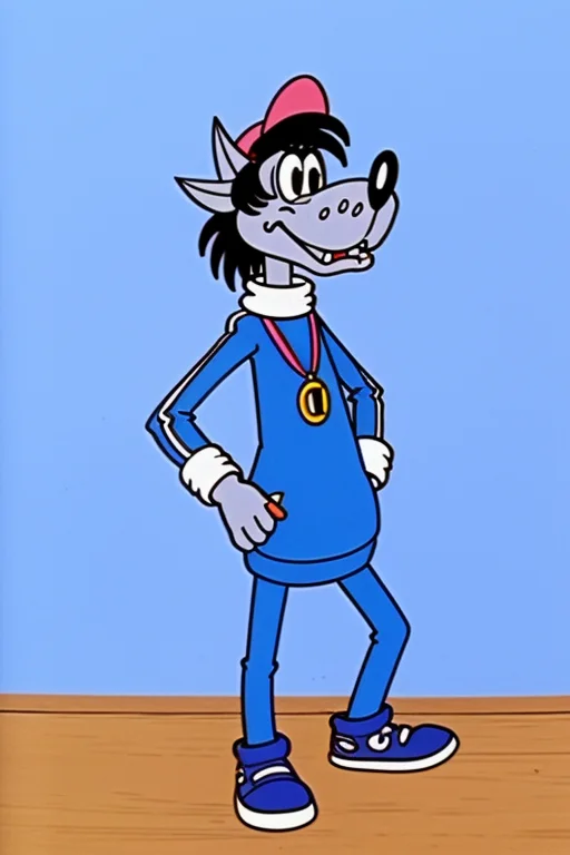 animal <lora:Wolf Nu Pogodi:0.65> in blue clothes, masterpiece, best quality, cartoon