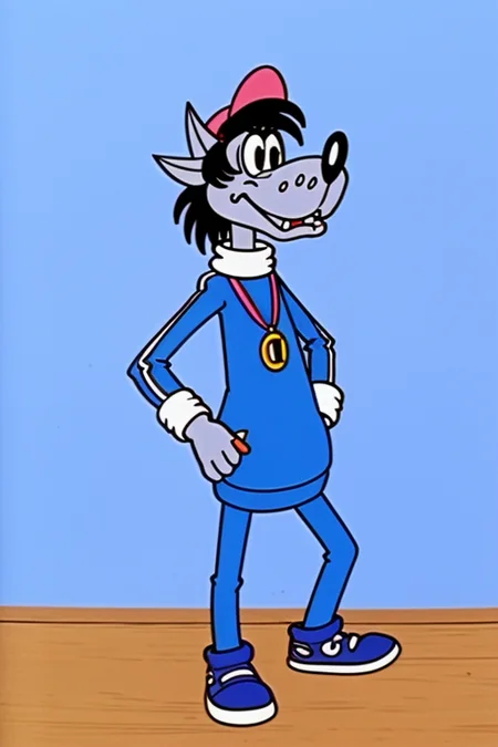 animal <lora:Wolf Nu Pogodi:0.65> in blue clothes, masterpiece, best quality, cartoon