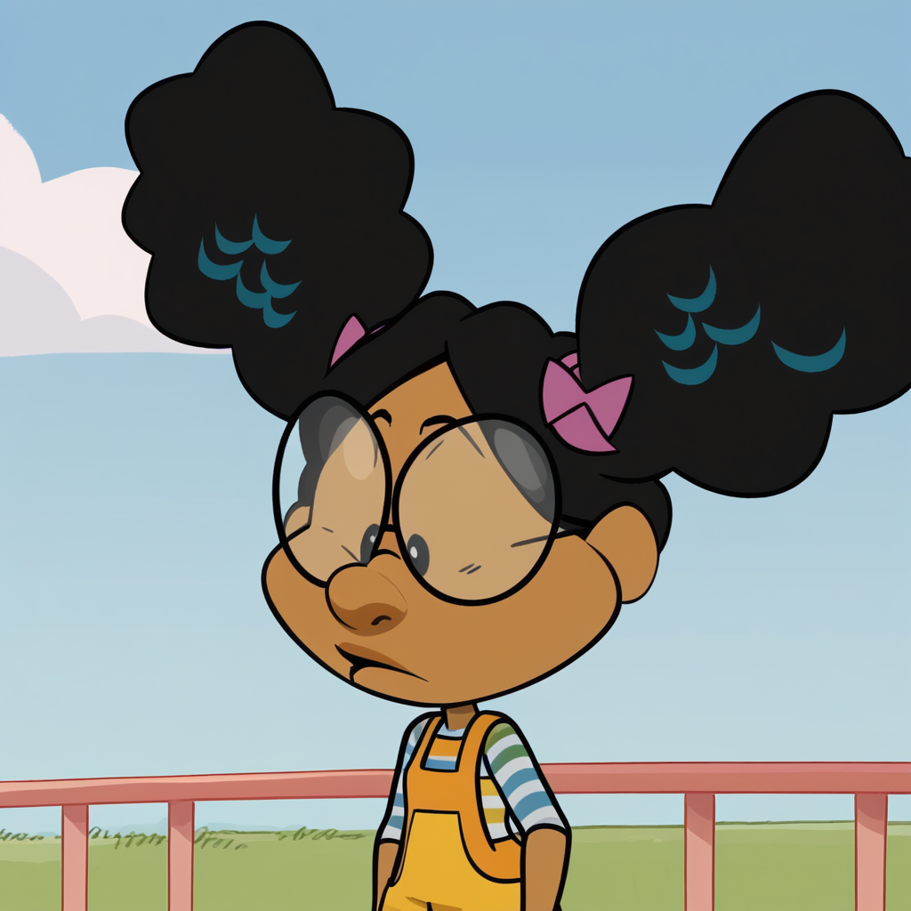 score_9_up, score_8_up, BREAK, Lili, 1girl, solo, black hair, afro, hair bow, black eyes, glasses, striped shirt, overalls, upper body,   <lora:Lili_MyBigBigFriend_PXL_Leaf1:1>, outdoors, arms at sides,