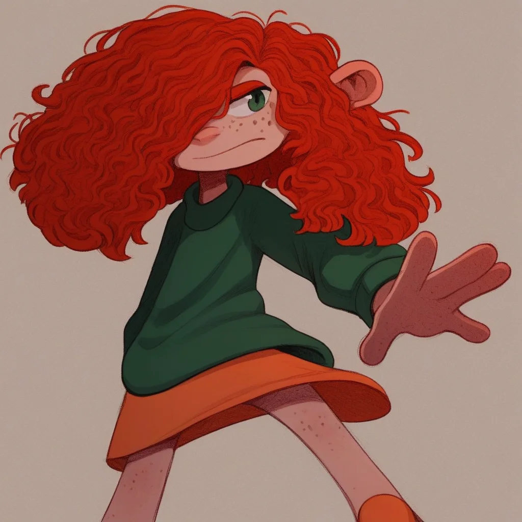 score_9, solo, FF, red hair, hair over one eye, freckles, green shirt, skirt