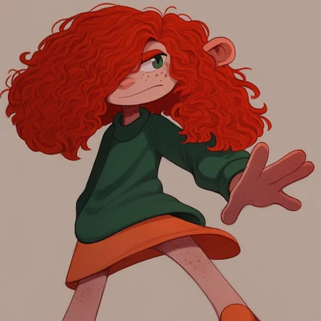 score_9, solo, FF, red hair, hair over one eye, freckles, green shirt, skirt