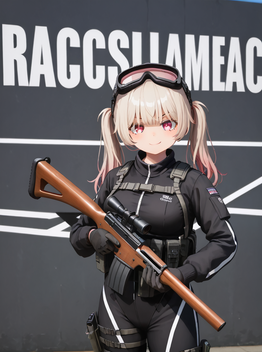 detailed background, shiny skin, posing, rating safe,
<lora:nanako.pony:1>,
nanako,
medium breasts, 
battle suit, 
 twintails, 
holding rifle, tactical goggles, aiming viewer, smirk,
