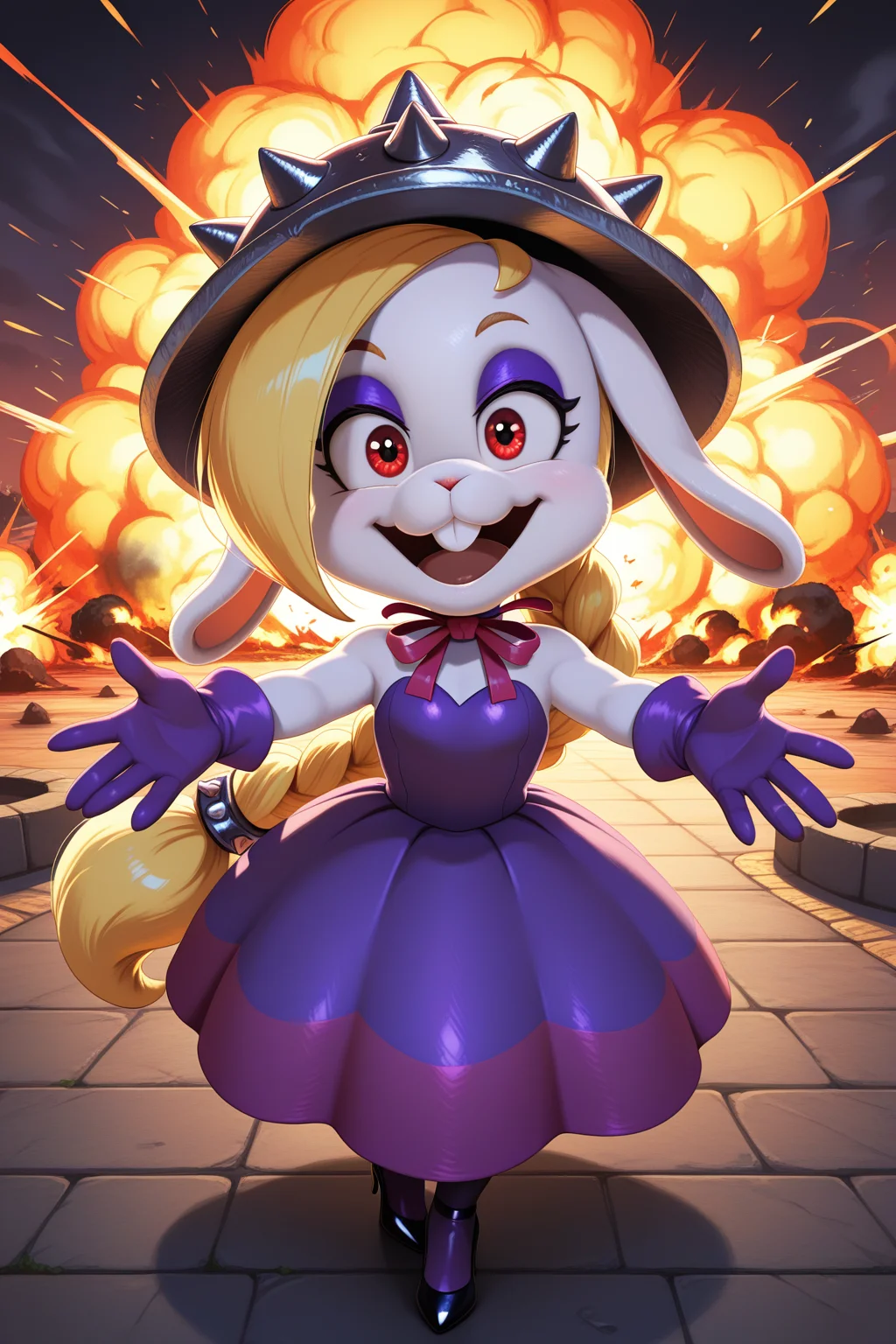 masterpiece, best quality, amazing quality, absurdres, mariohariet, blonde hair, single braid,  white skin, furry female, rabbit girl, solo, smile, open mouth, confident, outstretched arms, looking at viewer, spiked helmet, purple dress, purple gloves, black stiletto heels, outdoors, intense atmosphere, stylized,  explosion, fire, sparks, steam, smoke