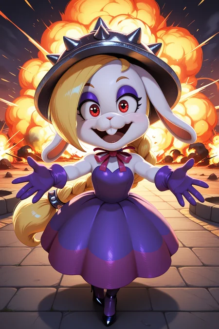 masterpiece, best quality, amazing quality, absurdres, mariohariet, blonde hair, single braid,  white skin, furry female, rabbit girl, solo, smile, open mouth, confident, outstretched arms, looking at viewer, spiked helmet, purple dress, purple gloves, black stiletto heels, outdoors, intense atmosphere, stylized,  explosion, fire, sparks, steam, smoke