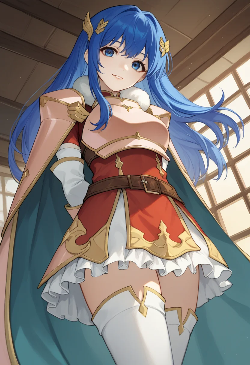 score_9, score_8_up, score_7_up, source_anime BREAK 1girl, solo, <lora:caeda-fe-richy-v1_pdxl:1> caedaleg, blue eyes, blue hair, long hair, bangs, hair ornament, fur trim, pink shoulder armor, pink breastplate, pink armor, red dress, frilled skirt,brown belt, white thighhighs, thighs, cape, arms behind back, parted lips, looking at viewer, from below, foreshortening, head tilt, smile, closed mouth, fantasy, maternal