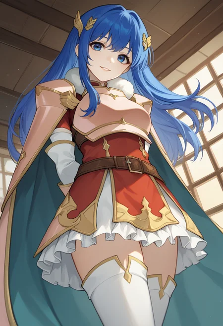 score_9, score_8_up, score_7_up, source_anime BREAK 1girl, solo, <lora:caeda-fe-richy-v1_pdxl:1> caedaleg, blue eyes, blue hair, long hair, bangs, hair ornament, fur trim, pink shoulder armor, pink breastplate, pink armor, red dress, frilled skirt,brown belt, white thighhighs, thighs, cape, arms behind back, parted lips, looking at viewer, from below, foreshortening, head tilt, smile, closed mouth, fantasy, maternal