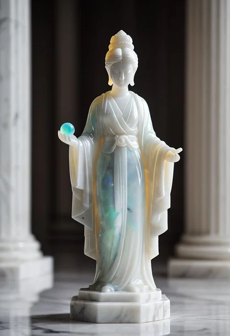 Fujifilm XT3, Sony A7 IV, (award winning photography) a (white: 0.89) marble simple stylized (figurine) made of opal (Kintsugi: 0.89) set on a pedestal in temple, glistening. in the background beautiful pillars, divine (iridescent: 0.79), opalescent textures, volumetric light, ethereal, sparkling, studio photo, highly detailed, sharp focus (highest quality: 1.39) (highest coherency: 1.39) (award winning photography), highly detailed photography, (muted colors, cinematic, dim colors, soothing tones:1.2), vibrant, insanely detailed, hyperdetailed, (dark shot:1.2), (vsco:0.3), (intricate details:0.9), (hdr, hyperdetailed:1.2) (vignette), sss, raw photo, fijifilm, kodak, cinematic film grain