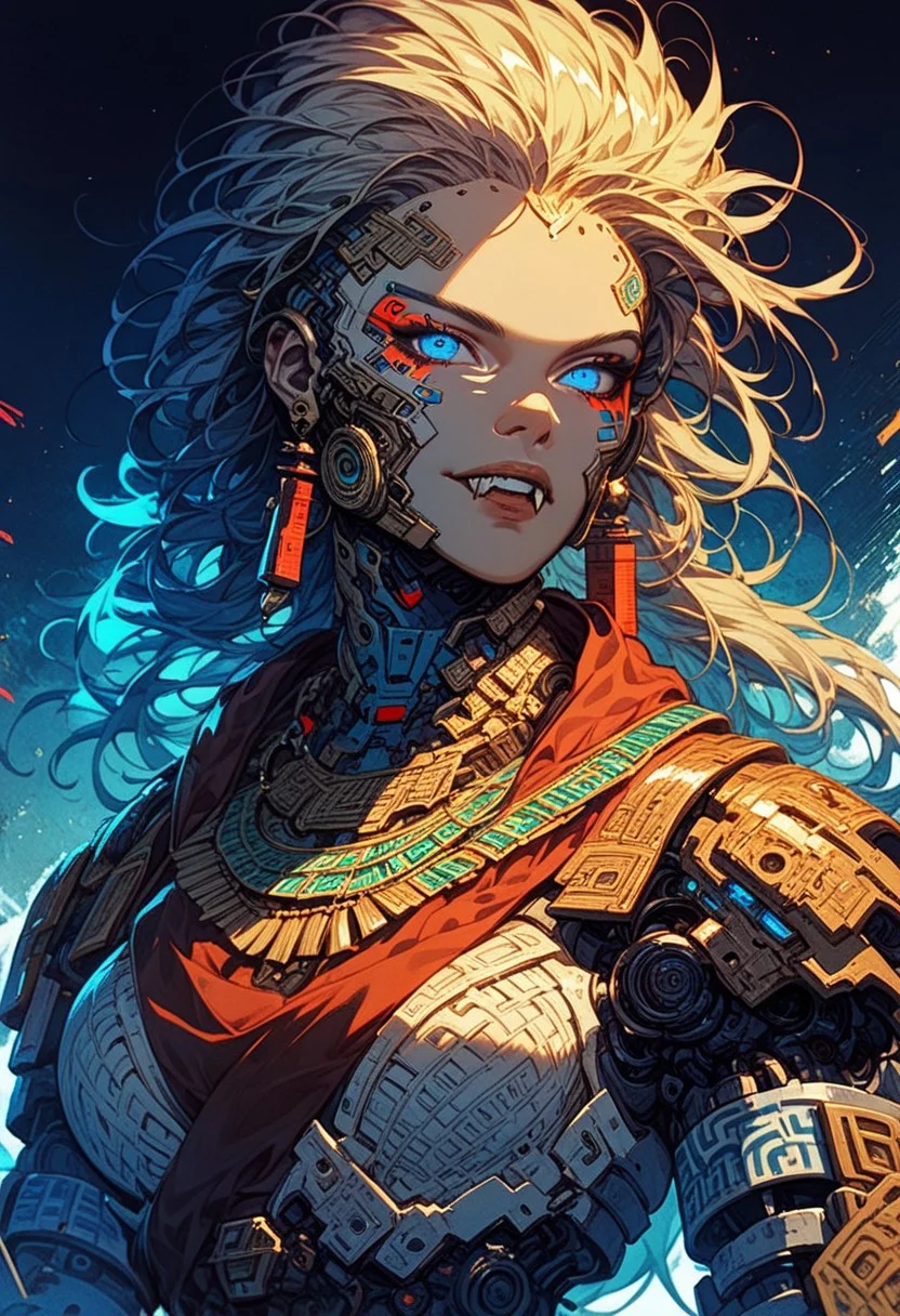 score_9,score_8_up,score_7_up, solo, 1 girl, Ellie Buckingham, blue eyes, bright blue eyes, bright blond hair, white armour,neon background, glowing, glowing blue eyes, , red ornaments, fangs,robot, aztec, mecha, aztec god, aztec outfit, cyberpunk outfit, soldier, heavy weaponized, aztec warrior, aztec tatoos, aztec warpaint, macuahuitl, science fiction, cyborg, mechanical parts, humanoid robot, bulky, sinozick style, flat color, dark theme, cowboy shot, Expressiveh
1 girl, outside, cowboy shot, waist high view