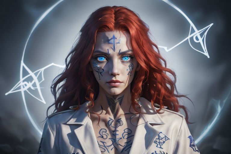 bright red hair, human female, (feminine:1.7), (beautiful face, detailed face:1.6), (beautiful eyes, detailed eyes:1.7), (looking at viewer, eye contact, intense:1.6), (long hair, red hair, curly hair:1.3), , ((masterpiece, best quality, high resolution, realistic, best quality,)), photo realistic, Perfect Face, (detailed face). <lora:GoodHands-vanilla:0.6> <lora:add-detail-xl:0.8>, mage, (Dress White military uniform coat), dagger, rune dagger, glowing runes, , (((glowing magic symbols tattoos, religious tattoos))), ((face tattoos)), glowing tattoos, stone tower in the background