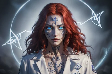 bright red hair, human female, (feminine:1.7), (beautiful face, detailed face:1.6), (beautiful eyes, detailed eyes:1.7), (looking at viewer, eye contact, intense:1.6), (long hair, red hair, curly hair:1.3), , ((masterpiece, best quality, high resolution, realistic, best quality,)), photo realistic, Perfect Face, (detailed face). <lora:GoodHands-vanilla:0.6> <lora:add-detail-xl:0.8>, mage, (Dress White military uniform coat), dagger, rune dagger, glowing runes, , (((glowing magic symbols tattoos, religious tattoos))), ((face tattoos)), glowing tattoos, stone tower in the background
