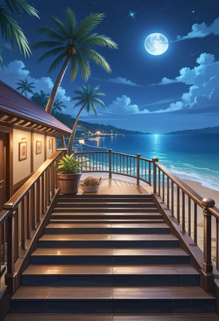 score_9,NextGenScenes, score_8_up,score_7_up,score_8,ultra, detailed, detailed background,4k,HD,8k,highres,antialiasing,detailed texture, detailed, scenery, no humans, tree, palm tree,( night:1.3), night sky, outdoors, (port:1.6), ocean, moon, sky, building, lamppost, shadow, (marble stairs:1.3)
<lora:NextGenScenes-000008:1>