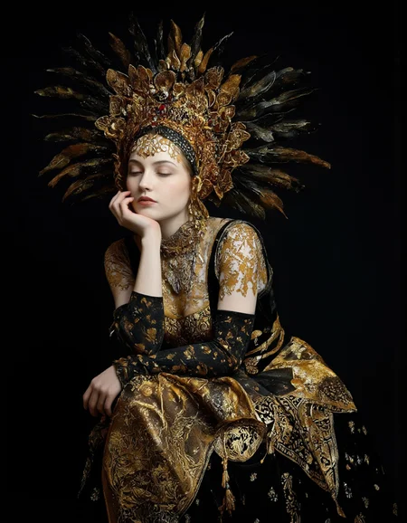 Art by Tigran Matulian. A photo-realistic shoot from a portrait camera angle about a woman wearing ornate black and gold attire with a large, ornate headdress, set against a dark background. the image also shows intricate patterns and a dramatic lighting effect. on the middle of the image, a woman appears to be in her late 20s, with pale skin, closed eyes, and a calm expression. she is wearing a black dress with intricate gold patterns, and her hand is resting on her chin. the woman is positioned in the center of the frame, with her upper body facing the viewer. her hair is styled in a way that frames her face, and she has a serene expression on her face. her eyes are closed and her lips are parted, giving a sense of calmness. her body is slim and her expression is calm. the overall mood is mysterious and alluring.