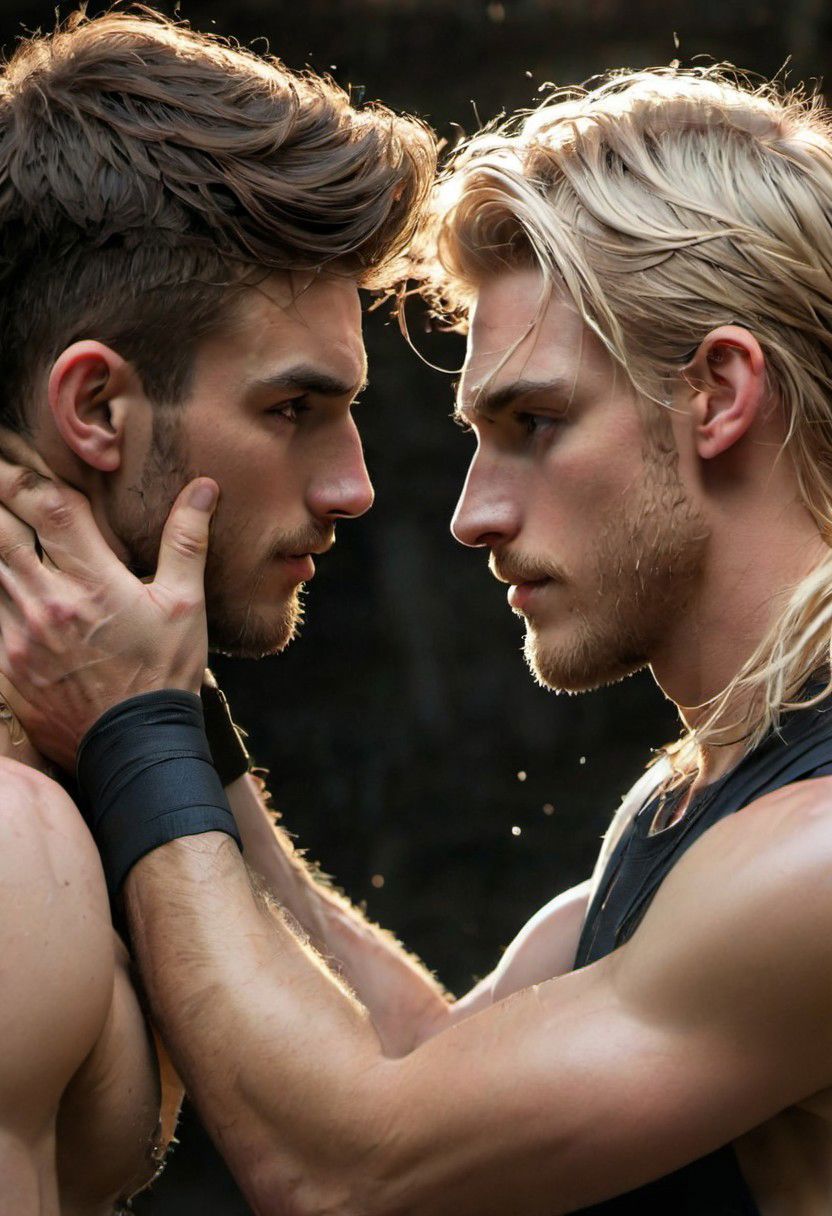 kyle ross, male focus, 2men, full bodies of two handsome 18yo platinum blonde twinks hugging and kissing, close up of faces kissing, holding each other from behind, hugging from behind, face focus, dynamic posture, dramatic angle, camera angle from below, shirtless, stubble, hands on each other's chest, black dog collar, black neck collar, long chain necklace, shirtless, kinky,
skinny muscled, slender muscled, skinny, slender features, narrow shoulders, detailed armband tattoo, cute face, boyish face, perfect biceps, bicep veins, bulging veins, defined veins, great pecs, thin waist, angular face, strong and powerful, sporty, predatory look, feathered hair, tousled hair, messy hair, shoulder length hair, great detail, satisfaction, blue eyes, bubble butt, small ass, small butt, tight shorts, 
(Masterpiece, high quality:1.3), masterpiece, depth of field, bokeh, detailed, homoerotic, (homoerotic), highly detailed, sharp focus, intricate, smooth, elegant, fantasy, cinematic lighting, cinematic, masterpiece, matte, photorealistic, 4k, beautiful, volumetric lighting, dramatic, photo-realistic, life-like, high detail, lighting, 8Knematic lighting, 8K, contrast lighting, contrasting lighting, cinematic lighting,