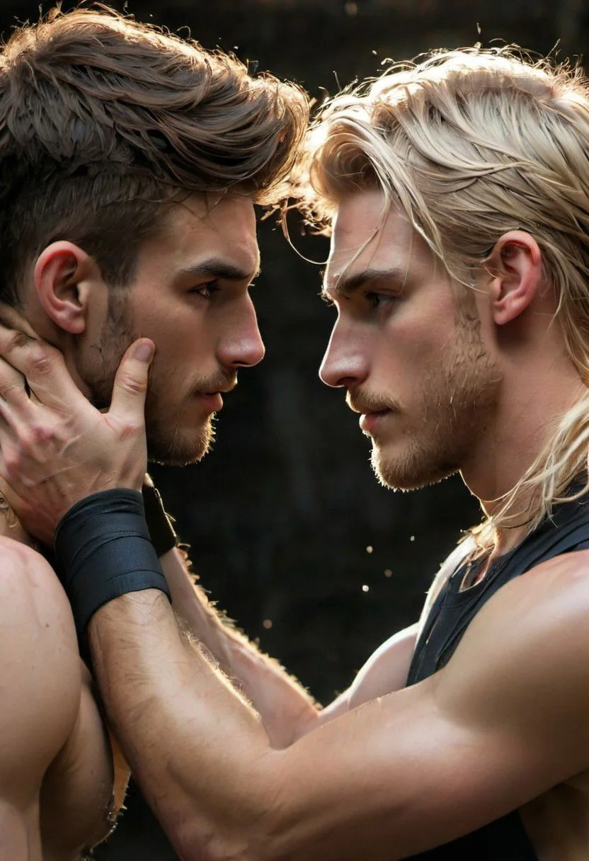 kyle ross, male focus, 2men, full bodies of two handsome 18yo platinum blonde twinks hugging and kissing, close up of faces kissing, holding each other from behind, hugging from behind, face focus, dynamic posture, dramatic angle, camera angle from below, shirtless, stubble, hands on each other's chest, black dog collar, black neck collar, long chain necklace, shirtless, kinky,
skinny muscled, slender muscled, skinny, slender features, narrow shoulders, detailed armband tattoo, cute face, boyish face, perfect biceps, bicep veins, bulging veins, defined veins, great pecs, thin waist, angular face, strong and powerful, sporty, predatory look, feathered hair, tousled hair, messy hair, shoulder length hair, great detail, satisfaction, blue eyes, bubble butt, small ass, small butt, tight shorts,
(Masterpiece, high quality:1.3), masterpiece, depth of field, bokeh, detailed, homoerotic, (homoerotic), highly detailed, sharp focus, intricate, smooth, elegant, fantasy, cinematic lighting, cinematic, masterpiece, matte, photorealistic, 4k, beautiful, volumetric lighting, dramatic, photo-realistic, life-like, high detail, lighting, 8Knematic lighting, 8K, contrast lighting, contrasting lighting, cinematic lighting,