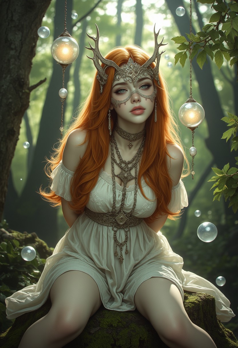 A serene and ethereal scene of a delicate, pale-skinned woman seated gracefully on a moss-covered tree stump in a tranquil forest setting. She has long, flowing, fiery-red hair cascading over her shoulders, contrasting beautifully with her white, porcelain complexion. Her big eyes and face is partially concealed by an ornate, white lace and metallic mask with intricate filigree patterns and small shimmering details, evoking mystery and elegance. She wears a sheer, flowing ivory dress adorned with subtle floral patterns, its lightweight fabric softly hugging her figure while catching the light. The dress features off-the-shoulder sleeves and a modest neckline, exuding a vintage, fairy-tale aesthetic. Around her neck, she wears a delicate choker with a dangling star-shaped charm, enhancing her refined appearance. Her arms are behind her back as she stares at you with a mix of curiosity and shyness. Suspended in the air around her are glowing, pearlescent orbs and globes, their soft light reflecting on her skin and dress, adding an element of enchantment to the scene. The forest background is lush and vibrant, with strong sunlight filtering through tall trees and on her back, casting dappled light onto the scene and creating a dreamlike atmosphere. The art style is hyper-realistic with a focus on fine details, textures, and soft lighting, emphasizing the ethereal quality of the figure.