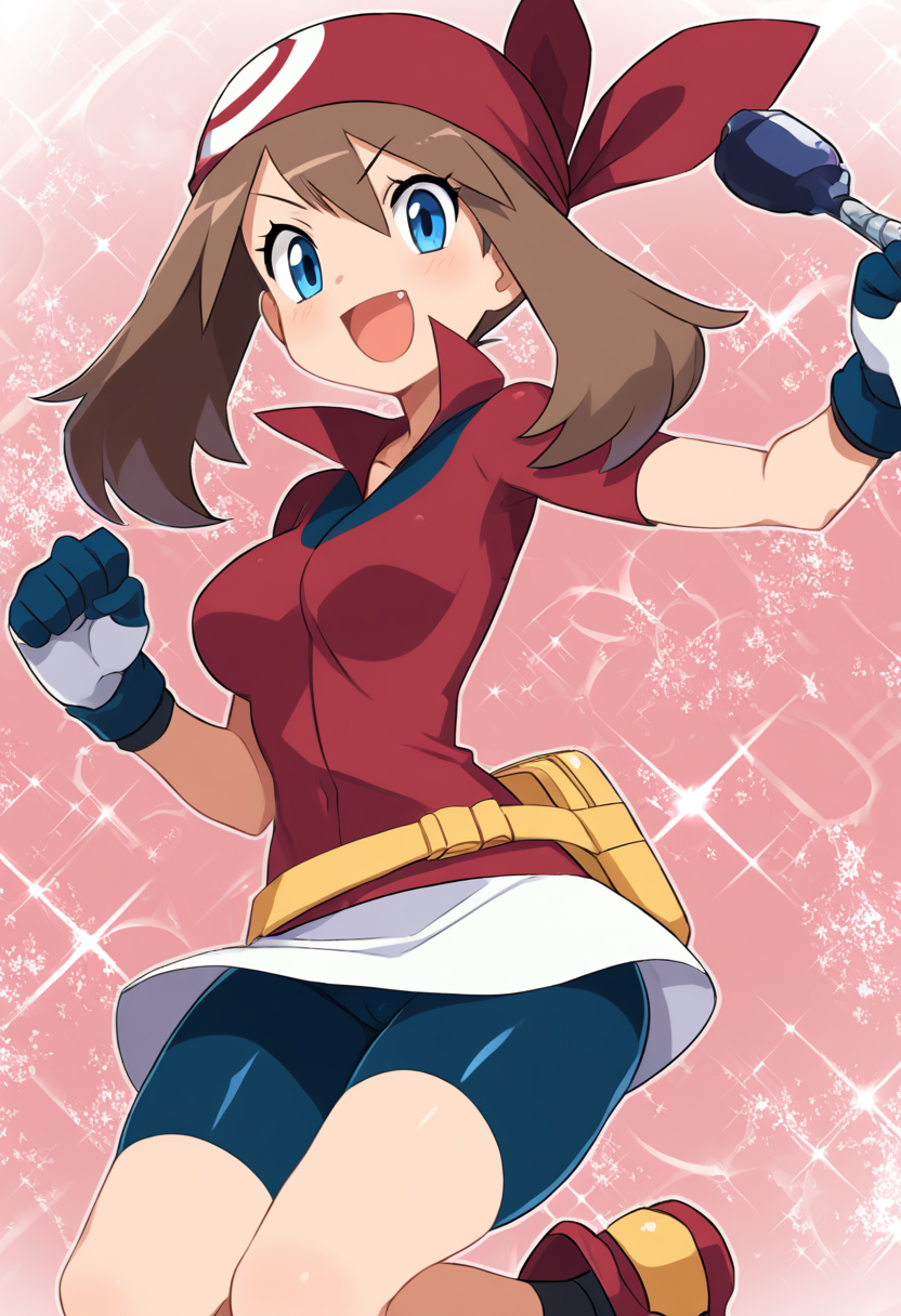 (masterpiece, best quality, good quality, very aesthetic, absurdres, newest:1.2),  zzMay, solo, brown hair, blue eyes, medium hair,   red shirt, bike shorts, red bandana, red shirt, gloves,  white miniskirt, yellow belt,  ,     <lora:MayPokemon_NAI:1.0>, , smile, looking at viewer, cowboy shot,  <lora:HaradaTakehito_NAI:0.8>, <lora:ZankuroStyle_NAI:0.5>,