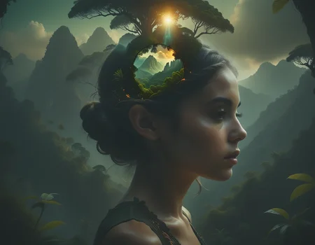 Dreamscape 
 <lora:bubble_watercolours_LCM:0.8>Dubrec styleï¼Girl head portraitï¼Jungle mountains image foregroundï¼ï¼multiple exposureï¼1.8ï¼ï¼Complex illustrations in surrealist art styleï¼Surreal dreams
 . Surreal, ethereal, dreamy, mysterious, fantasy, highly detailed