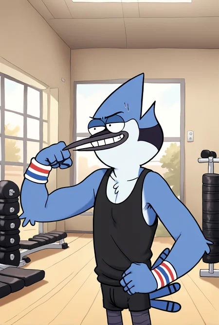 score_9, score_8_up, score_8,
<lora:Mordecai_Regular_Show_for_PonyXl:0.8> 1boy, male focus, m0rd3ca1, blue jay, solo, tail,
parody, source_cartoon,
gym, indoors, tank top, flexing, smug, grin, sweatband