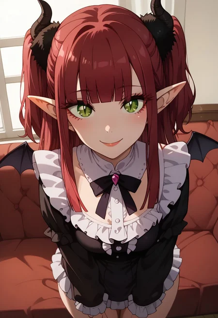 score_9,score_8_up,score_7_up,<lora:Expressive_H:1>,expressiveh,source_anime,best quality,masterpiece, high detail, high quality, high eye detail, high face detail, high body detail, depth of field,
(1girl), ((solo)), ((adult)), 24 years old, medium breast, ((big ass)), on a bed,
<lora:Marin_Kitagawa_My_Dress-Up_Darling__-_Pony_XL:.8>, Marin Kitagawa, Liz-kyun, 1girl, (solo), ((pointy ears)), ((horns)), ((green eyes)), ((red hair)), cosplay, long hair, ((demon horns)), ((demon wings)), two side up, wings, frills, long sleeves, demon girl, blunt bangs, couch, shirt,
Look at the viewer seductive smile,
((Dutch angle 60)), (((top view))), standing, portrait, Front view,