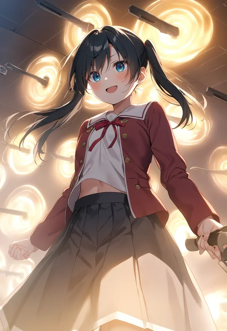1girl,sincos, ningen mame, toosaka asagi,solo,medium breasts,school uniform,
gate of babylon, floating weapon, multiple weapons,glowing,<lora:gateofbabylon_XL_v1:0.7>
from below, cowboy shot, looking up, light smile, refectory, open mouth, split ponytail hair,, black hair,
best quality, very aesthetic, absurdres,