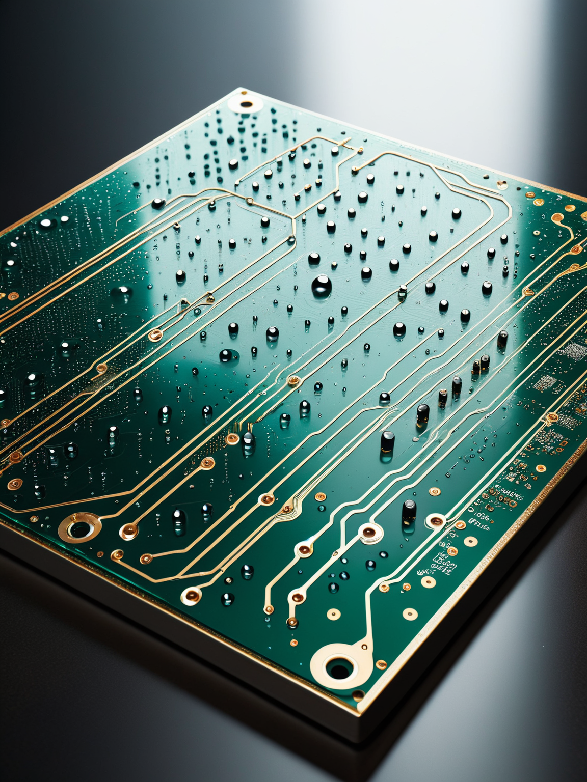 a ais-waterdrops circuit board on the table in a lab <lora:Waterdrops_Style_SDXL:1>