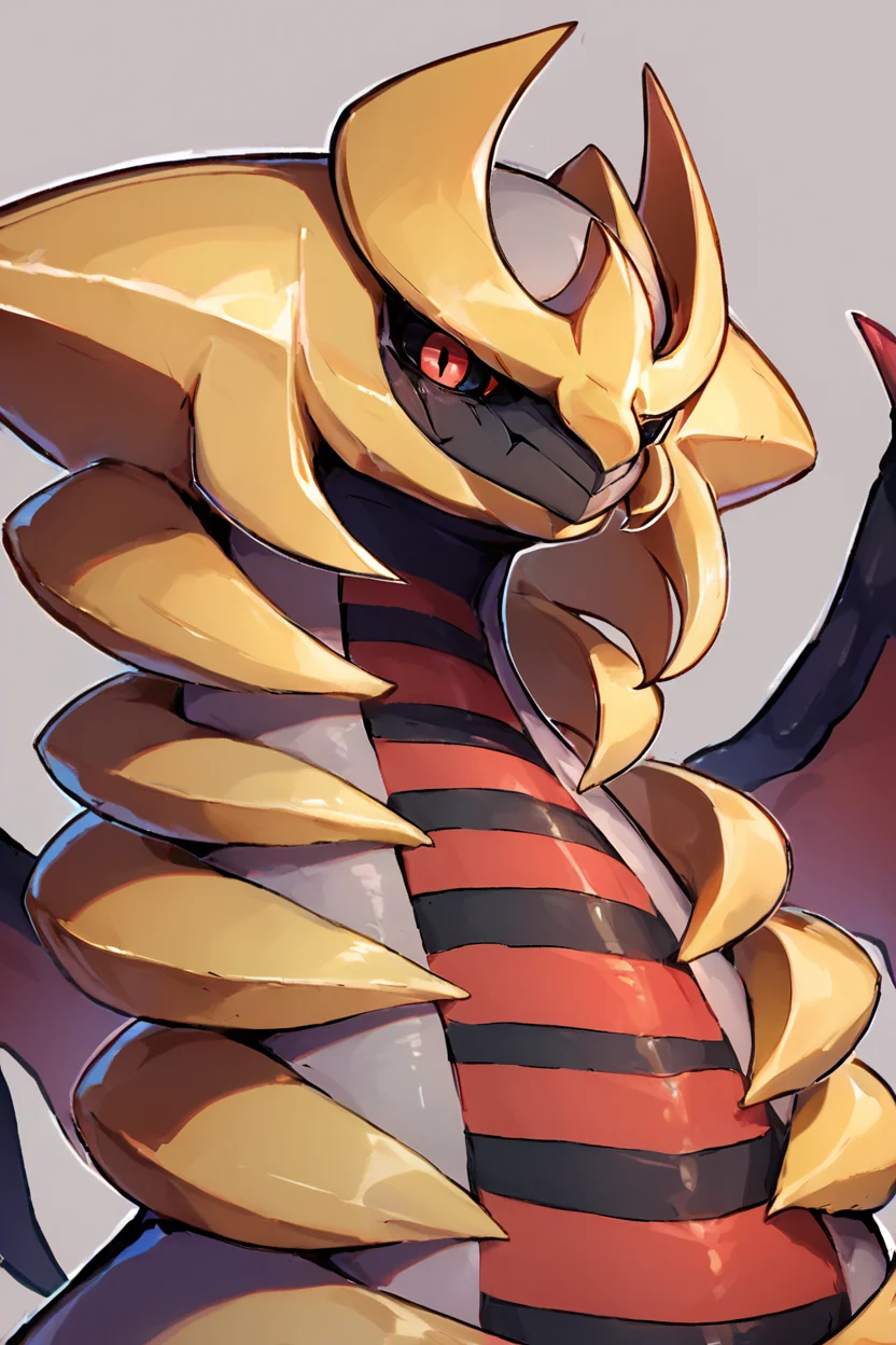 score_9, score_8_up, score_8, zzGiratina, animal focus, artist request, black sclera, colored sclera, dragon, dragon wings, giratina (altered), highres, horns, looking at viewer, red eyes, simple background, upper body, wings, ,<lora:Giratina_P3:0.8>, embedding:zPDXL, <lora:Vivid:0.8>,