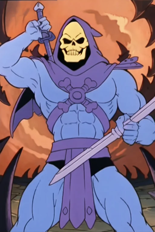 skeletor, holding_sword, foreshortening, evil_grin, castle