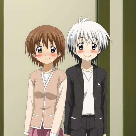 blushing, white hair, short black hair, smiling, brown hair