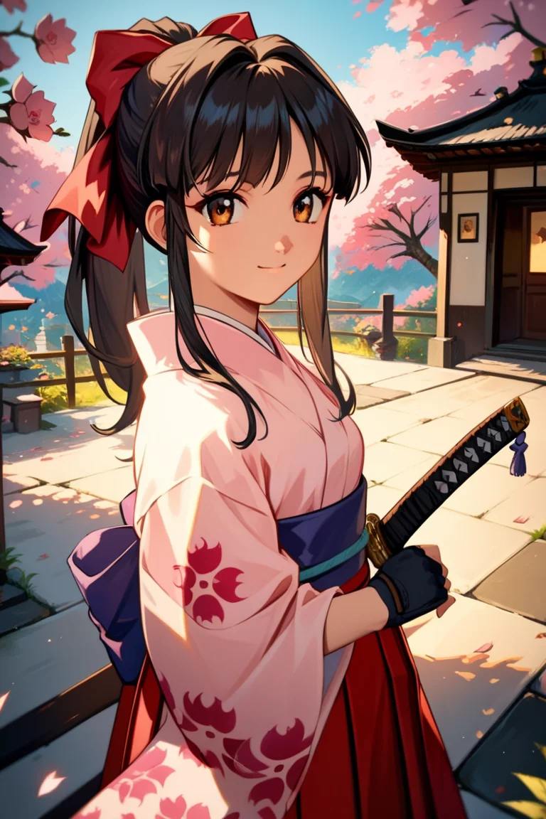 score_9, score_8_up, score_7_up, very aesthetic, source_anime, detailed, high quality, beautiful, masterpiece, detailed eyes,
japanese village, japanese house, sakura tree,
<lora:lightXL:0.8>
dynamic angle, cowboy shot, upper body,
katana, light smile,
<lora:sakuraS_autismConfetti_v01:0.95>
sakurabase, black hair, hair ribbon, red bow, brown hair, sidelocks, bangs, ponytail
japanese clothes, red hakama, white socks, black loafer, floral print sleeves, meiji schoolgirl uniform, purple sash, fingerless gloves, green obijime,, zPDXL