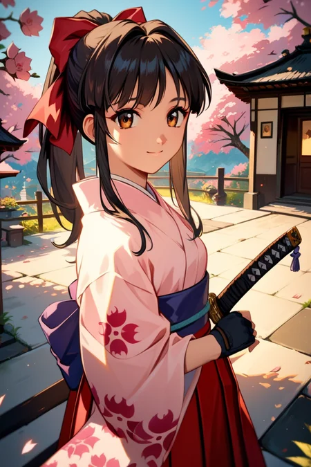 score_9, score_8_up, score_7_up, very aesthetic, source_anime, detailed, high quality, beautiful, masterpiece, detailed eyes,
japanese village, japanese house, sakura tree,
<lora:lightXL:0.8>
dynamic angle, cowboy shot, upper body,
katana, light smile,
<lora:sakuraS_autismConfetti_v01:0.95>
sakurabase, black hair, hair ribbon, red bow, brown hair, sidelocks, bangs, ponytail
japanese clothes, red hakama, white socks, black loafer, floral print sleeves, meiji schoolgirl uniform, purple sash, fingerless gloves, green obijime,, zPDXL