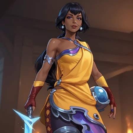 <lora:nilahlol_pony_v1:.8> nilah, 1girl, very dark skin, dark-skinned female, earrings, jewelry, black hair, purple eyes, dress, lips, armlet, nail polish, fingerless gloves, bare shoulders, cowboy shot