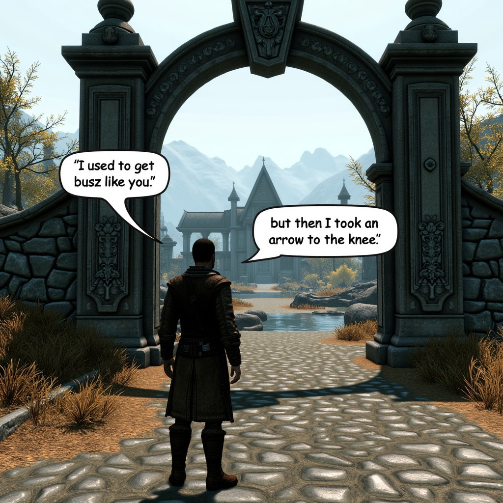 A guard is standing in front of a city gate in Skyrim. He looks at the viewer speaking. First speech bubble "I used to get buzz like you" second speech bubble "but then I took an arrow to the knee"