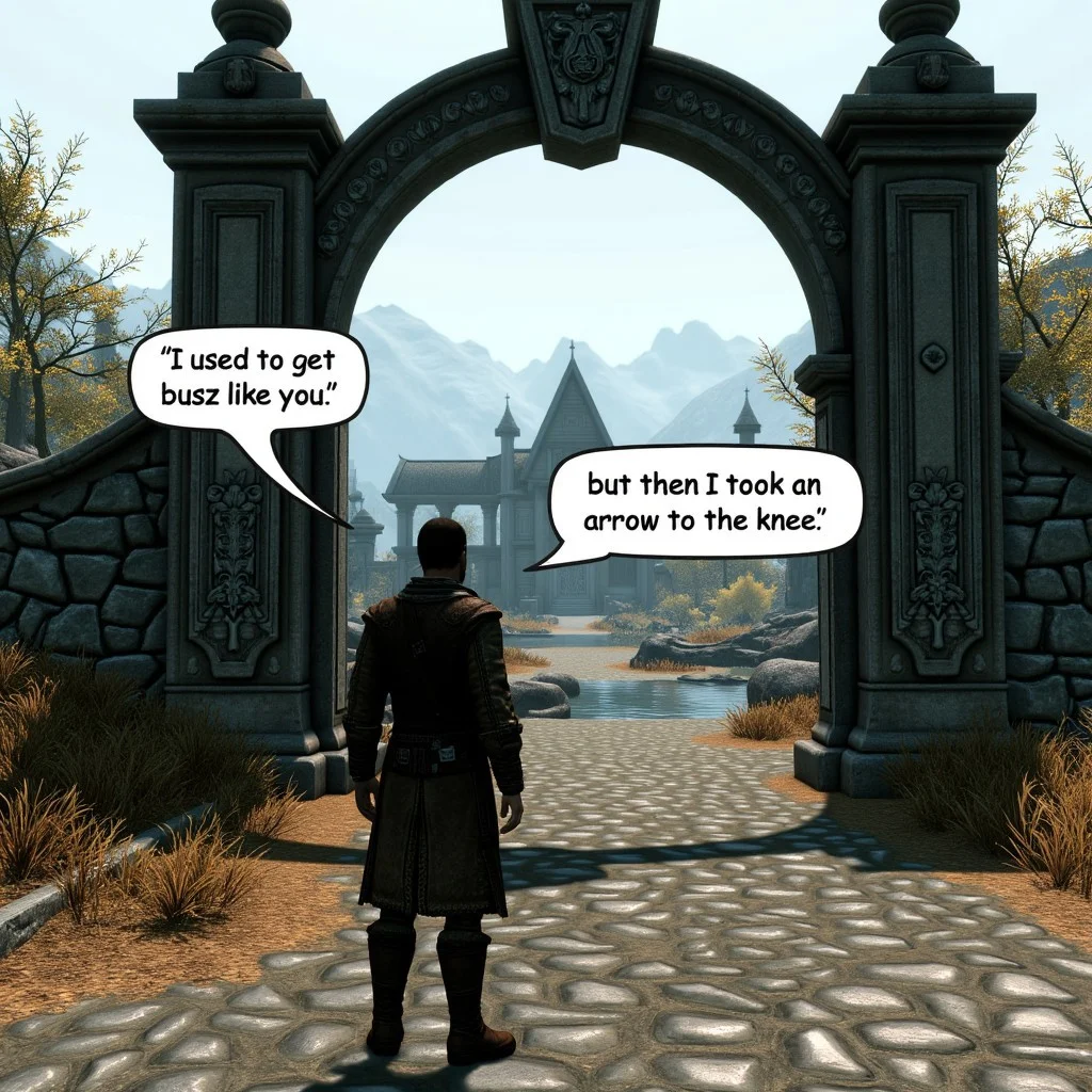 A guard is standing in front of a city gate in Skyrim. He looks at the viewer speaking. First speech bubble "I used to get buzz like you" second speech bubble "but then I took an arrow to the knee"