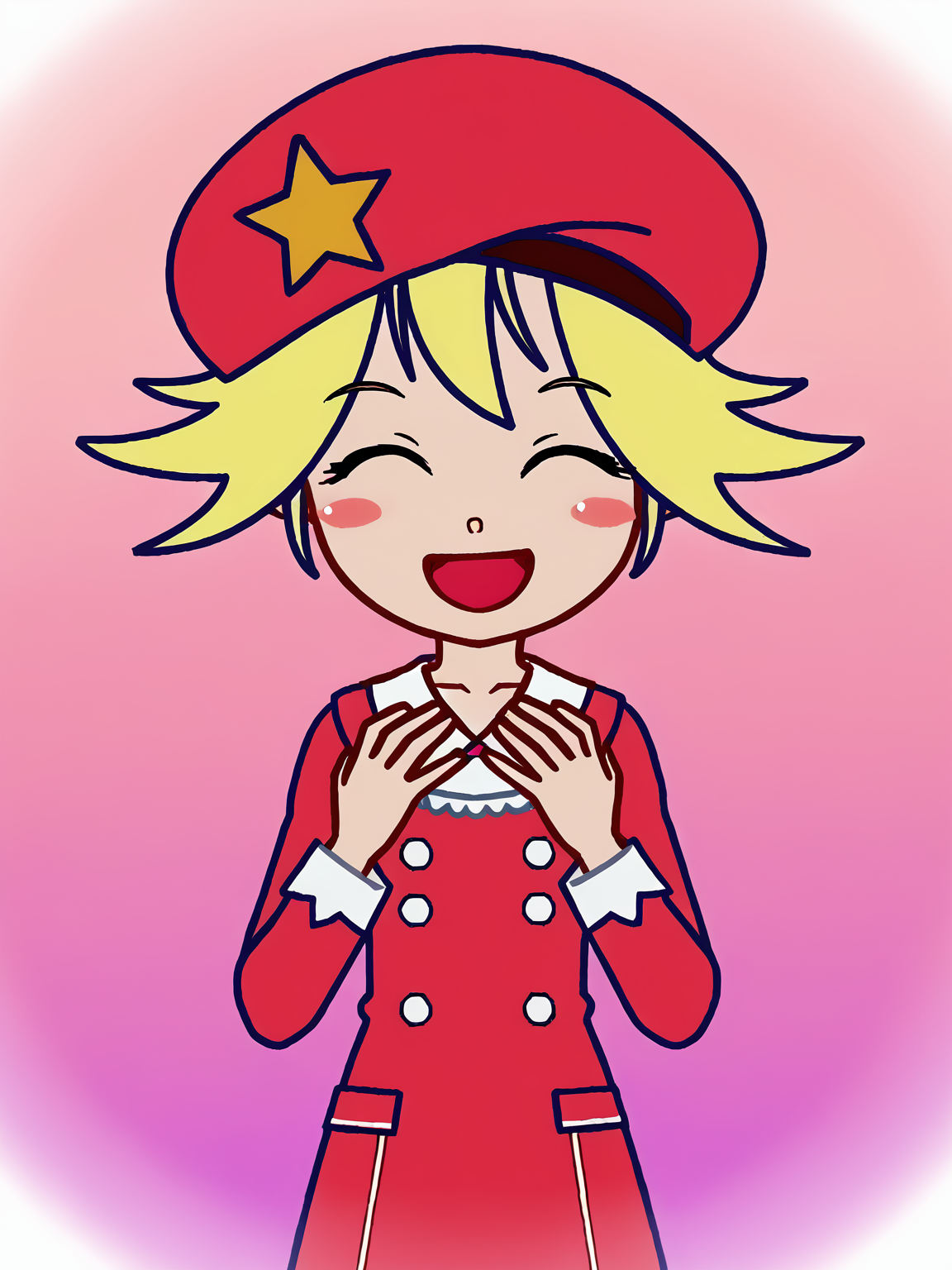 1girl, smile, source_cartoon, piuvictoria, <lora:Victoria (Pump It Up):0.85>, blush, blonde hair, brown eyes, red hat, star ornament, laughing, closed eyes