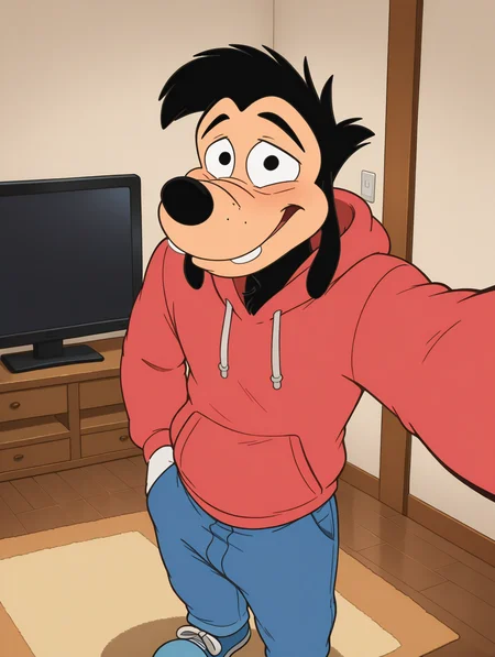 <lora:Max-Goof-Illustrious:1>,max-goof, solo, 1boy, male focus, black eyes, white gloves, full body, furry male,,high quality, detailed, furry, male, solo male, broad shoulders, mature male, athletic build, stubble, anthro, anthro male, bottom heavy, grinning, looking at viewer, hands in front pocket, red hoodie, blue jeans, bust shot, half-body shot, living room, high quality , blue shoes,afterglow, taking a selfie,