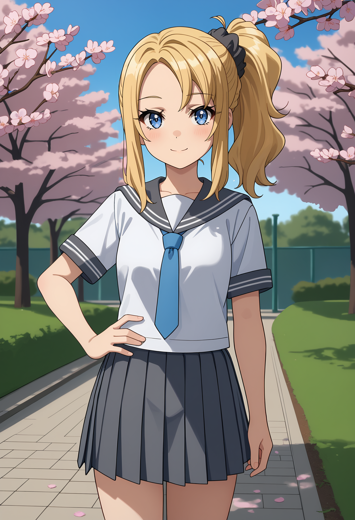 score_9,
<lora:SeishunButaYarou_ToyohamaNodokaXL:0.8>,
1girl, solo, closed mouth, light smile, light blush,
side ponytail, blonde hair, blue eyes, parted bangs, hair scrunchie, grey scrunchie,
NodokaSchool, serafuku, grey sailor collar, white shirt, short sleeves, blue necktie, pleated skirt, grey skirt,
hand on own hip, thigh gap, standing, looking at viewer, cowboy shot,
blurry background, outdoors, park, blue sky, cherry blossoms